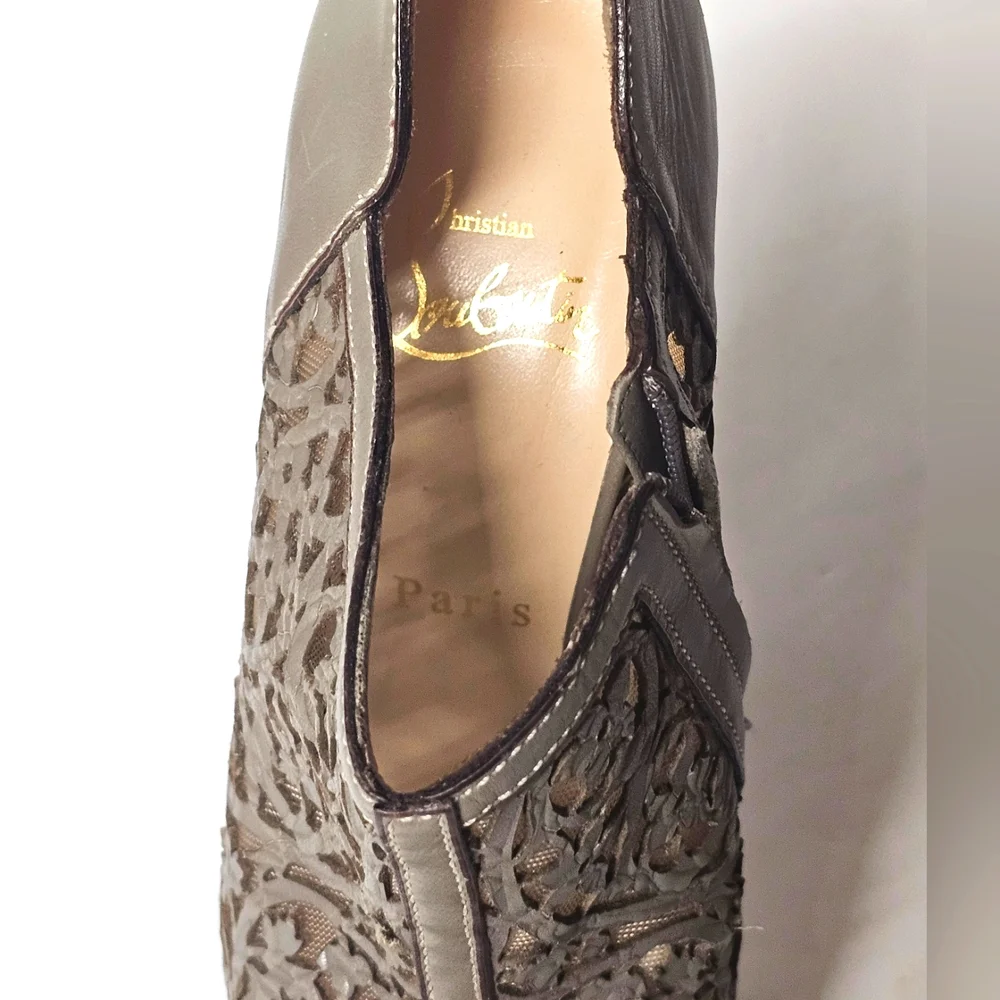 Christian Louboutin Brown Laser-Cut Leather Pampas 150 Peep Toe Ankle Boots Size - Picture 9 of 9